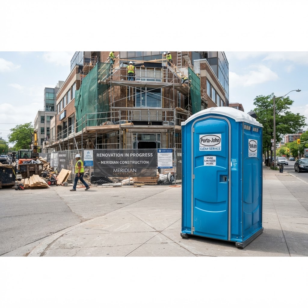 Clean portable toilet near a commercial building renovation on firm paved ground