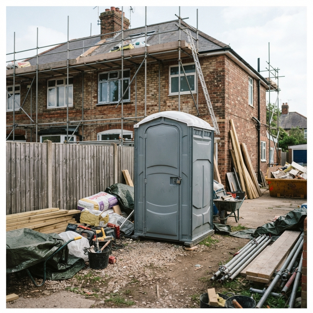 Portable toilet placed in the side yard of a home undergoing renovation