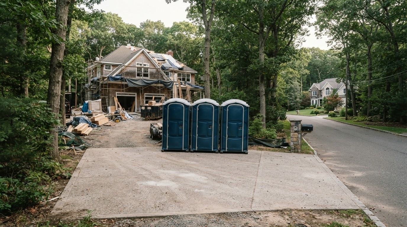 Row of clean portable toilets arranged at an outdoor site in Port Jefferson Station, NY
