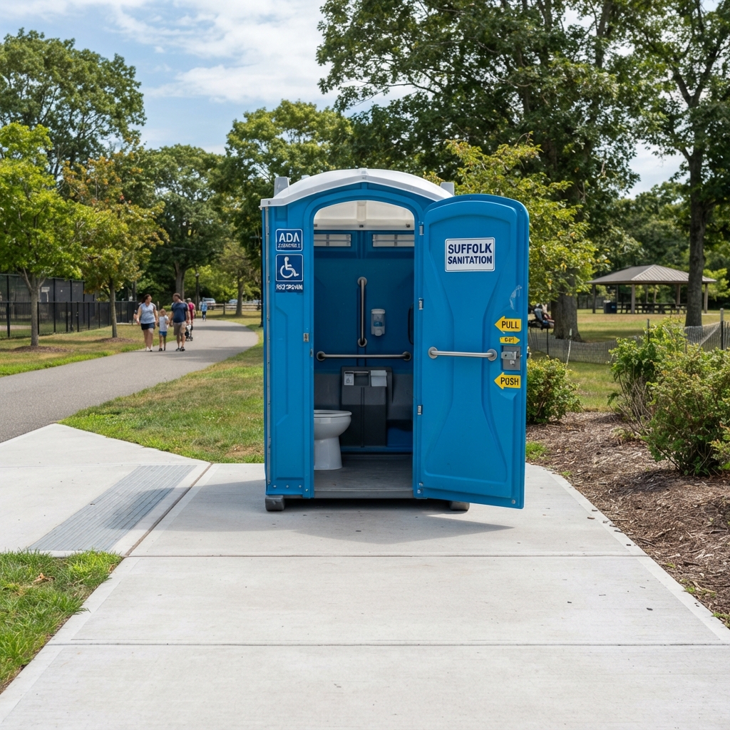 Large ADA-accessible portable toilet placed on firm level pavement with a clear wide path leading to it