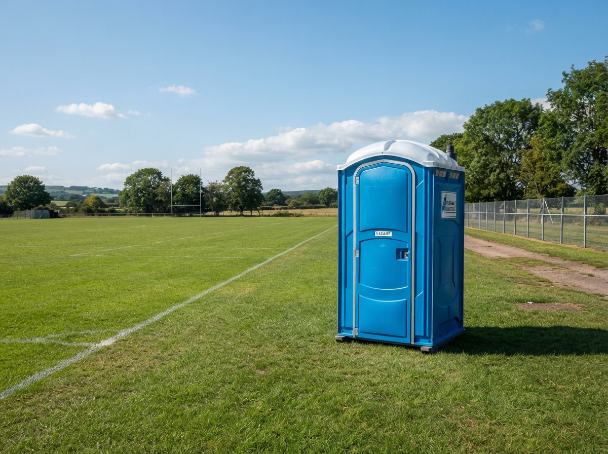 Standard portable toilet placed near an outdoor sports field with grass and open space