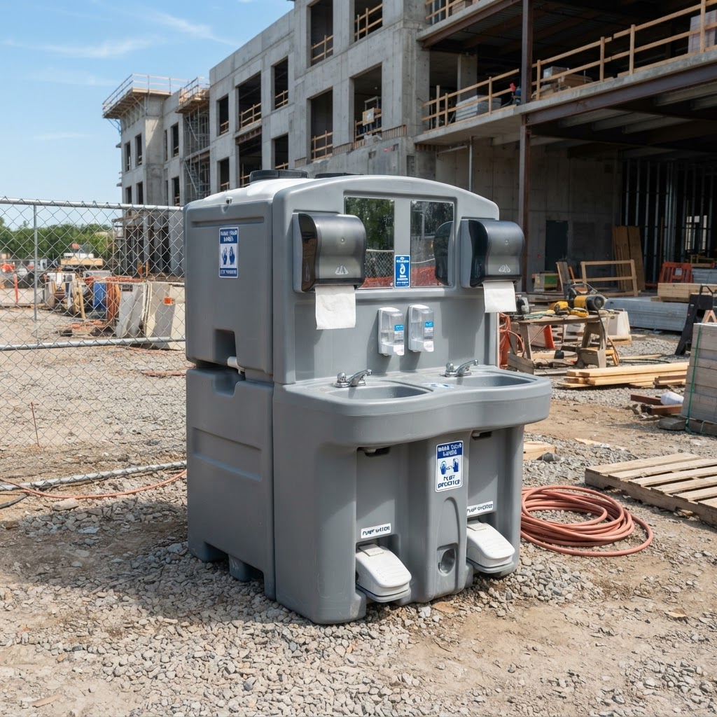 Portable handwashing station with foot pumps, soap and paper towels on firm level ground at a construction site