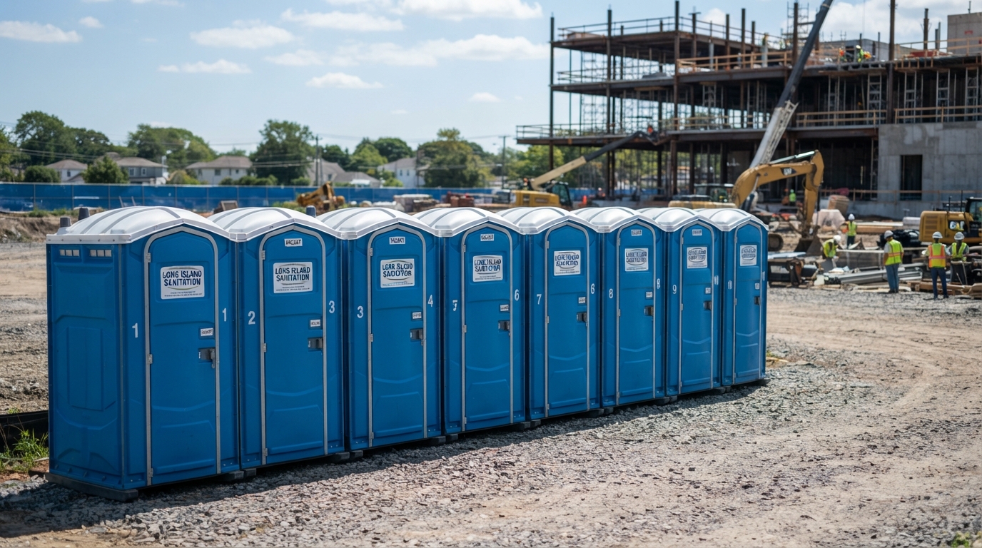 Row of clean blue standard portable toilets lined up at a Long Island construction site