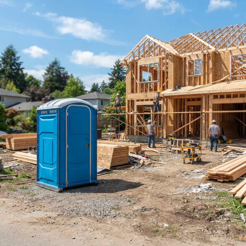 Portable toilet placed beside a residential construction site on Long Island