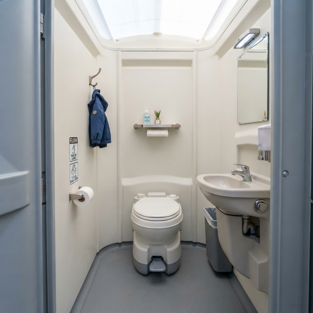 Interior of a flushable deluxe porta potty showing a flushing toilet, inside sink, mirror, shelf and clean finished surfaces