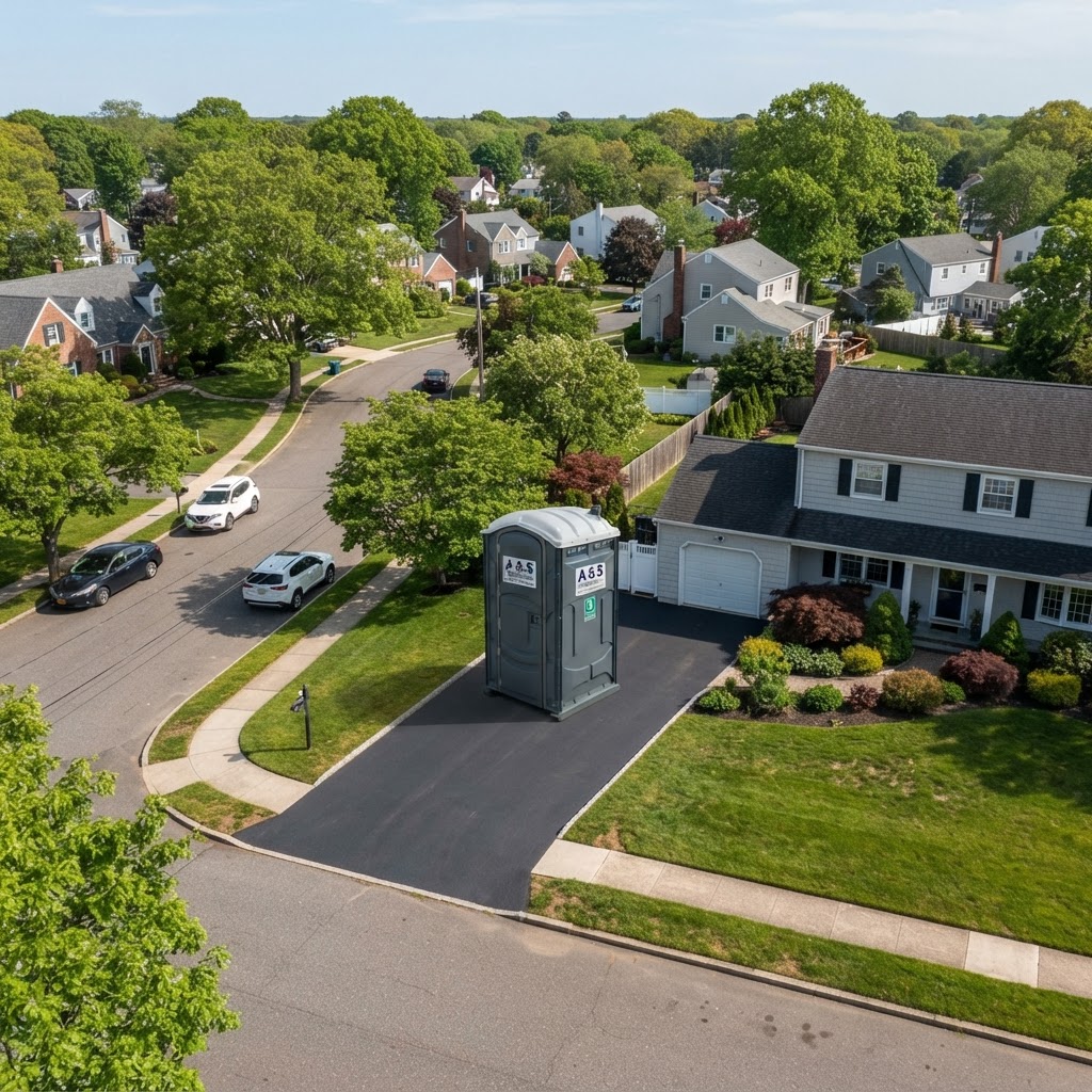 Portable toilet unit placed on a driveway in a suburban Suffolk County neighborhood