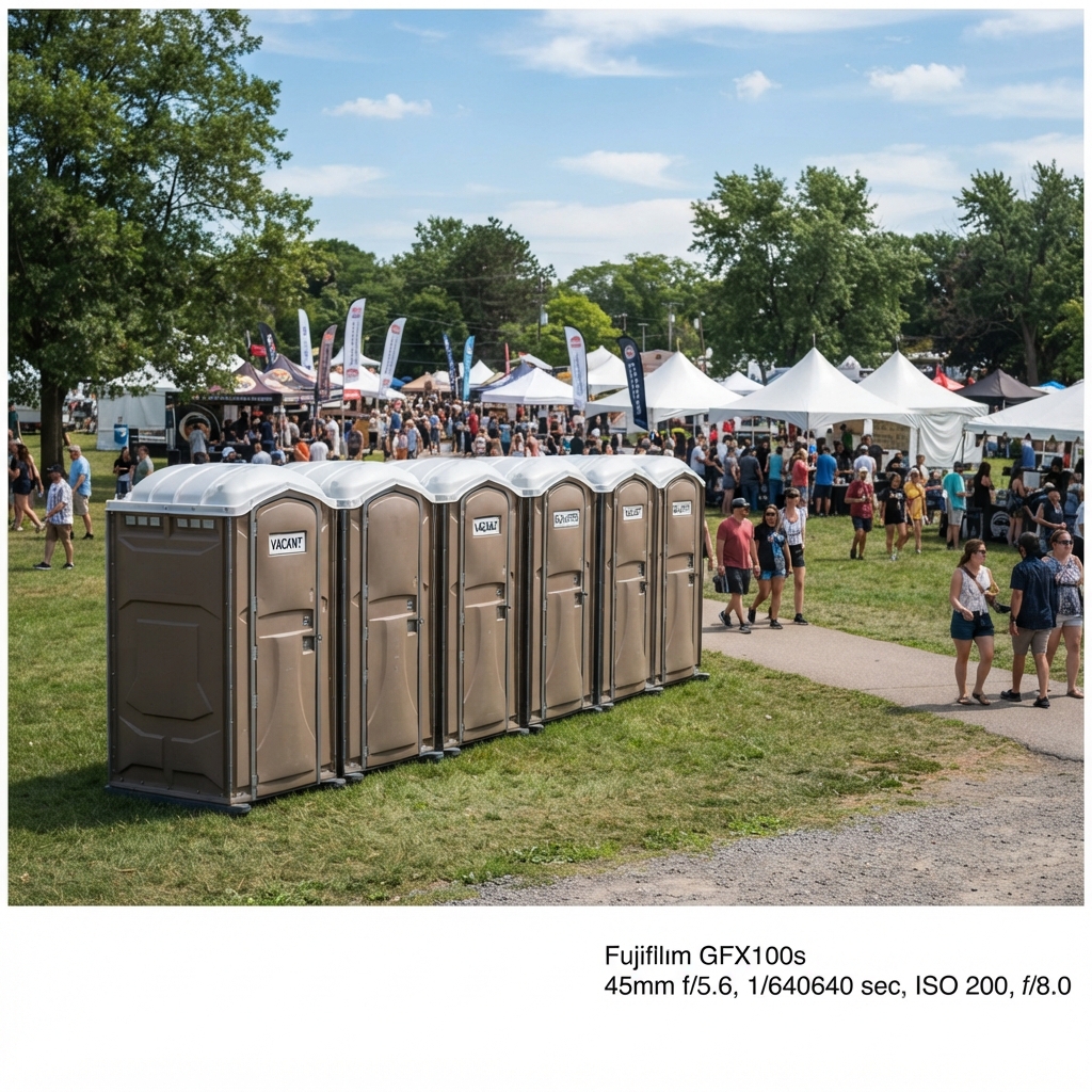 Portable toilets arranged at an outdoor park event on Long Island