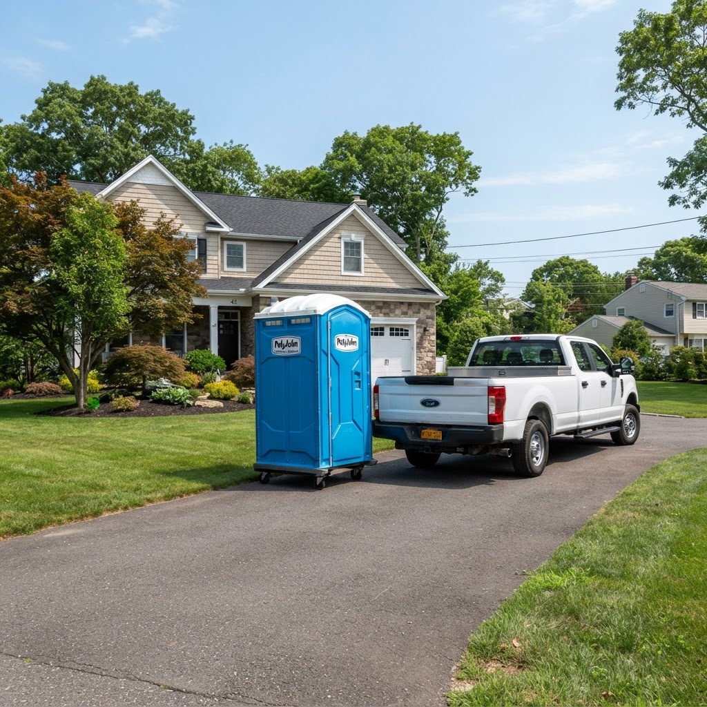 Portable toilet unit on a paved driveway at a residential site on Long Island, NY, ready for delivery