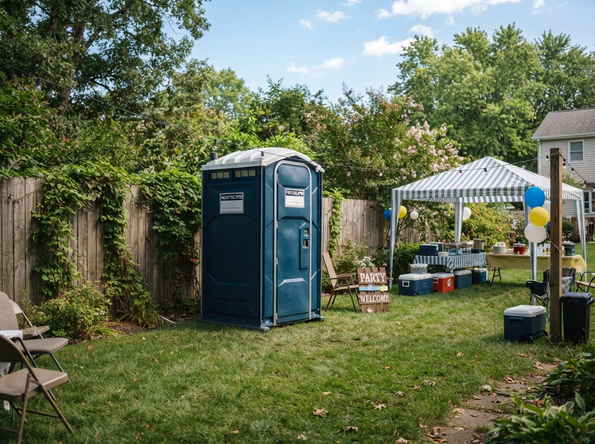 Standard portable toilet positioned near a backyard party setup with a fence and lawn