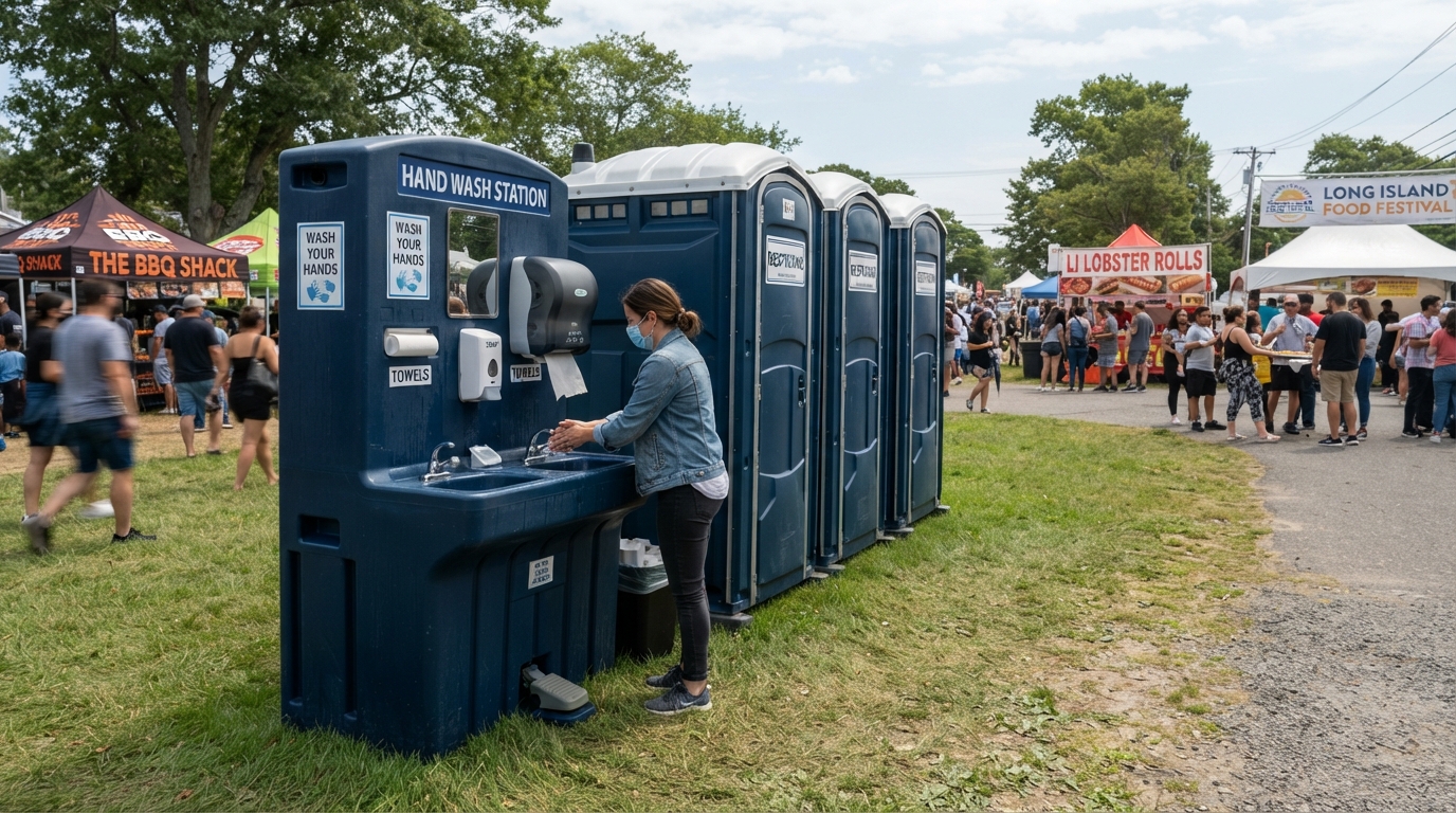 Portable handwashing station with soap and paper towels next to portable toilets at a Long Island outdoor food event