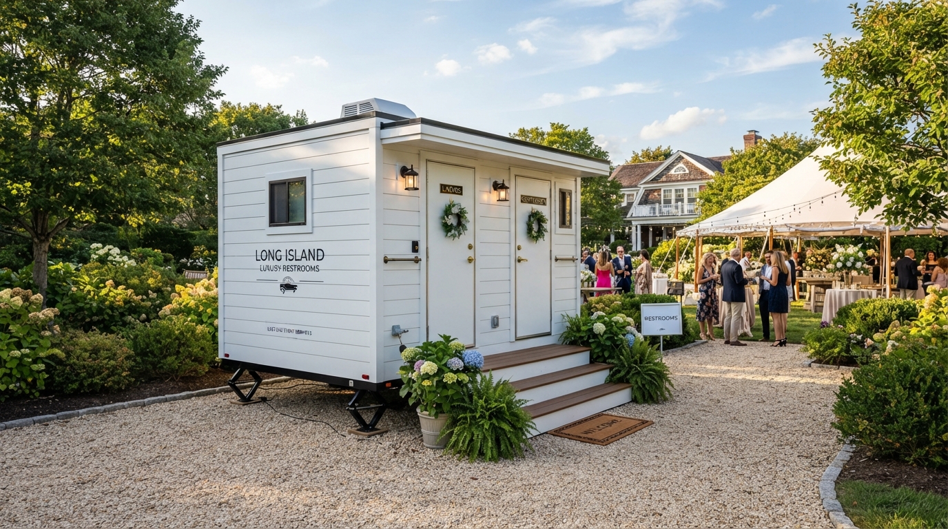 White restroom trailer unit set up on firm level ground at a private outdoor event on Long Island