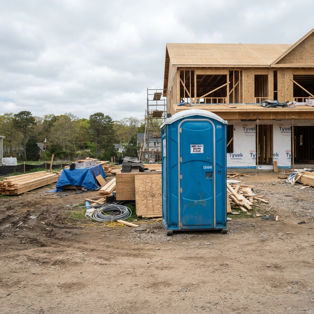 Standard portable toilet positioned on firm level ground at an active residential construction job site on Long Island, NY