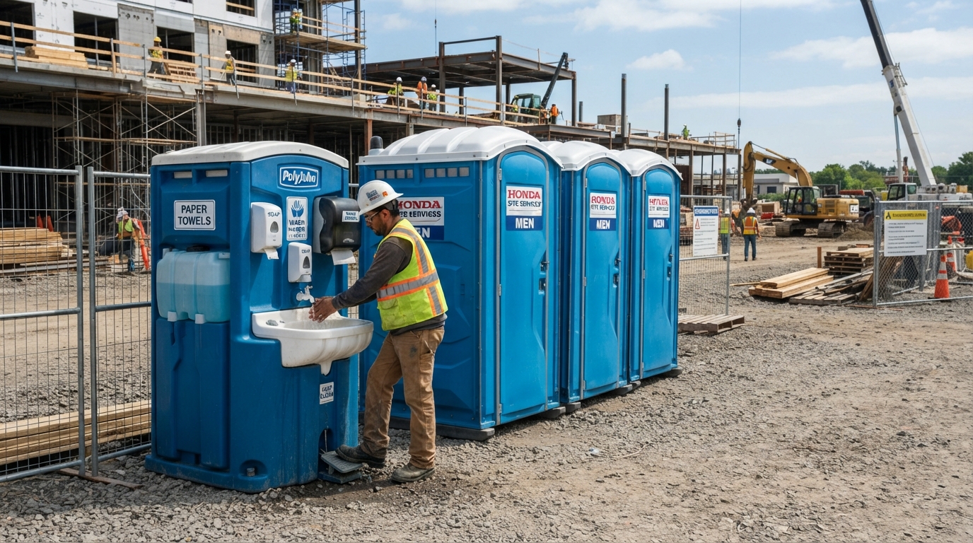 Clean portable handwashing station with foot pump sinks, soap dispensers and paper towels placed beside portable toilets at a construction site