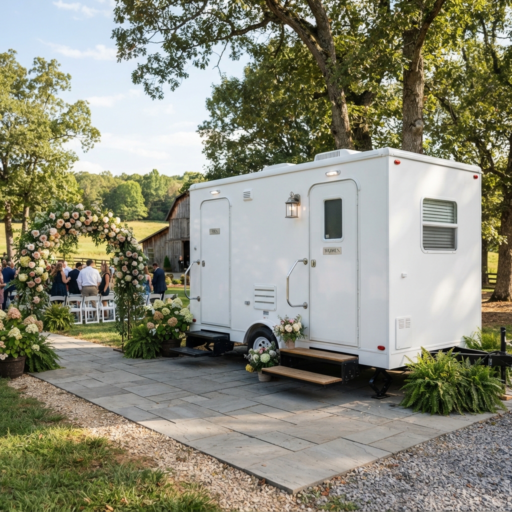 Clean white restroom trailer rental unit parked at an outdoor event on firm level paved ground