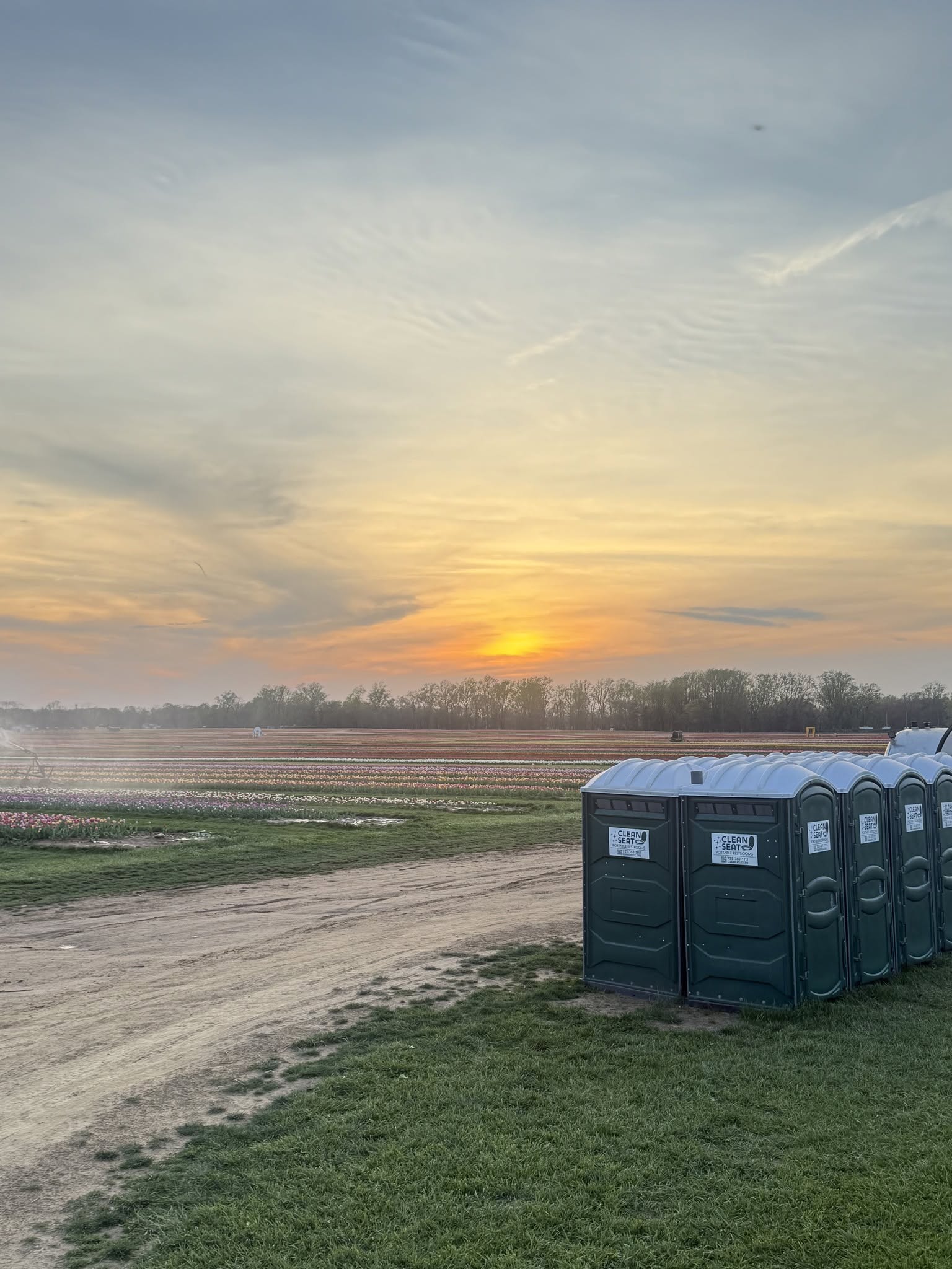 Line of green portable restrooms set up along a farm access road at sunset