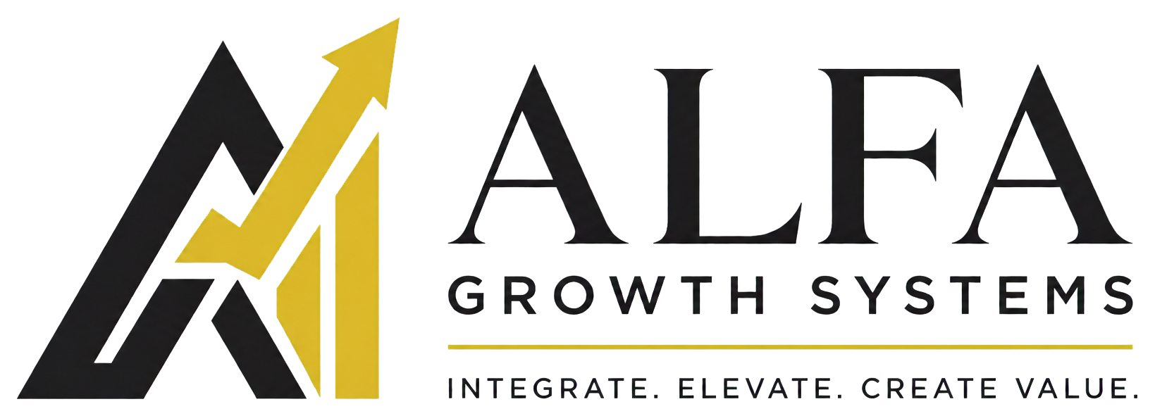 ALFA Growth Systems logo featuring upward arrow and brand messaging: Integrate, Elevate, Create Value.