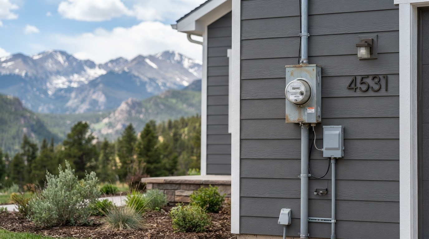 Close-up of a Colorado home exterior with a utility meter and the Rocky Mountains softly blurred in the background