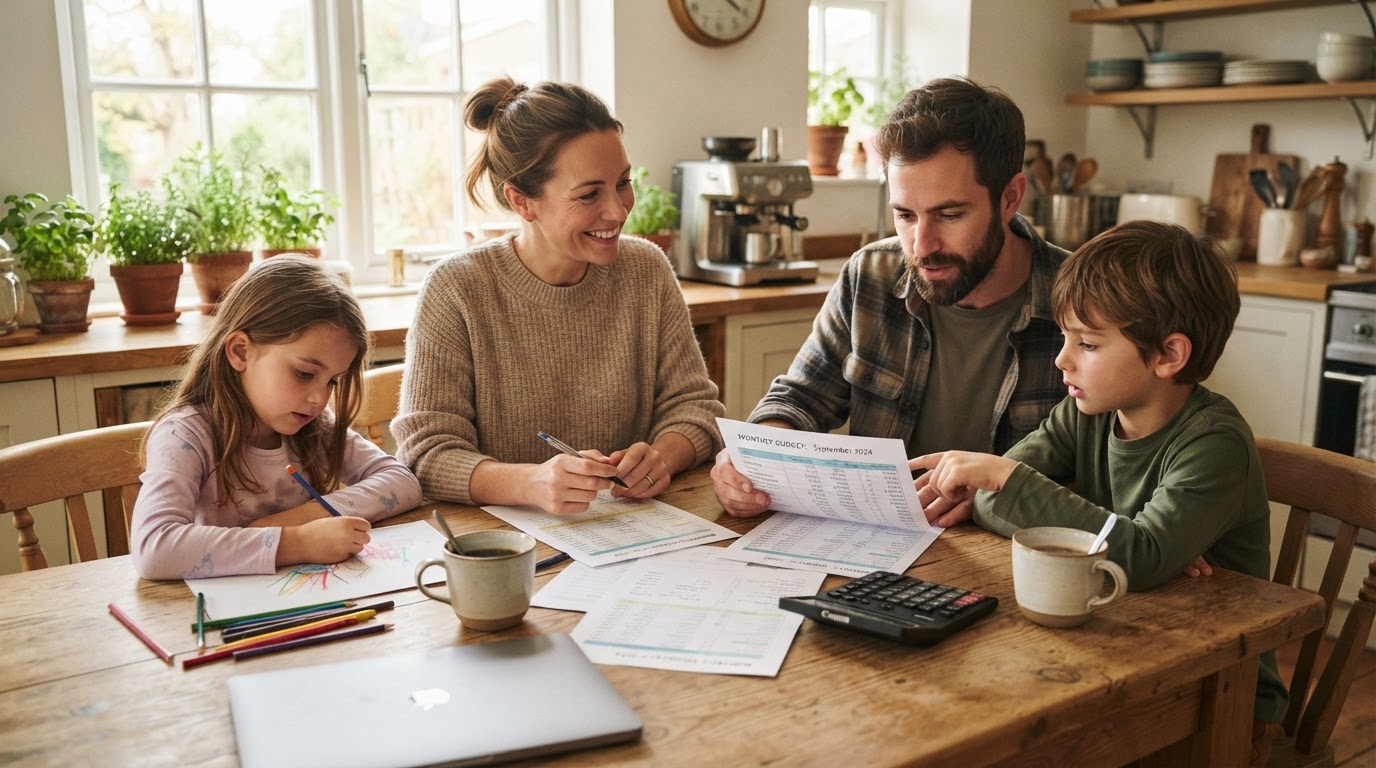 A family reviewing household budget documents with a calculator and coffee on a bright kitchen table
