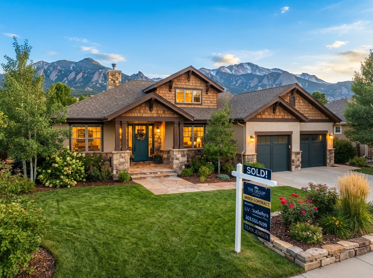 A family with moving boxes standing in front of their new Colorado home on a bright day