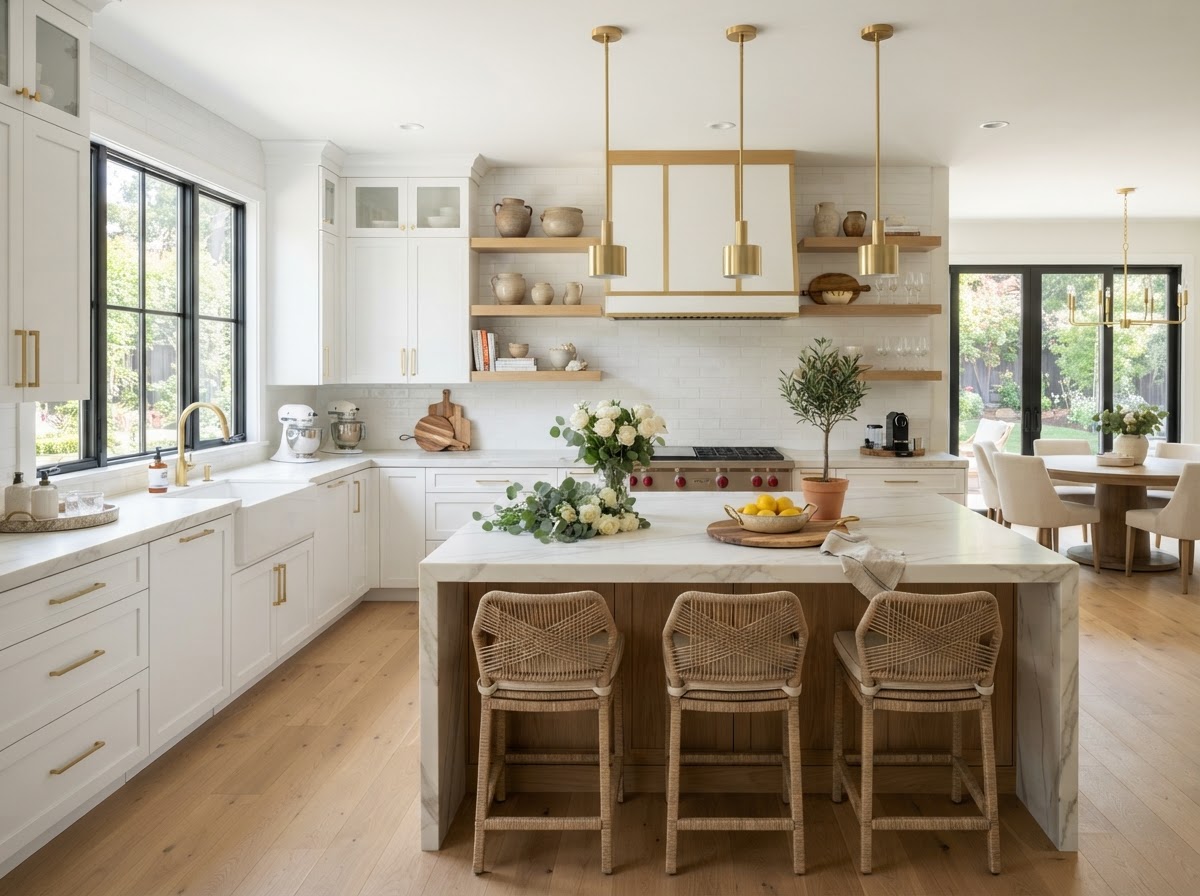 A freshly renovated modern kitchen with neutral tones, white cabinets, gold fixtures, and marble countertops