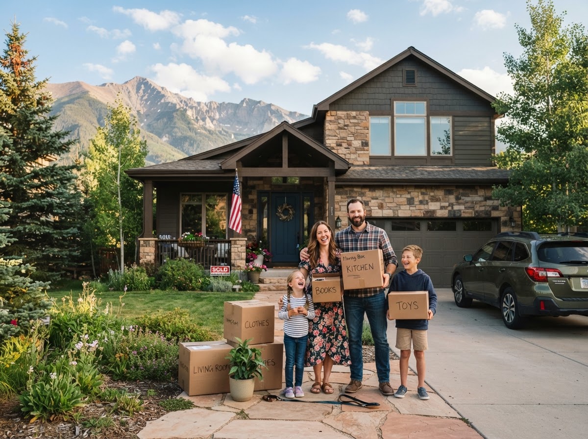 A Colorado single-family home with a sold sign in the front yard, blue sky and mountains in the background