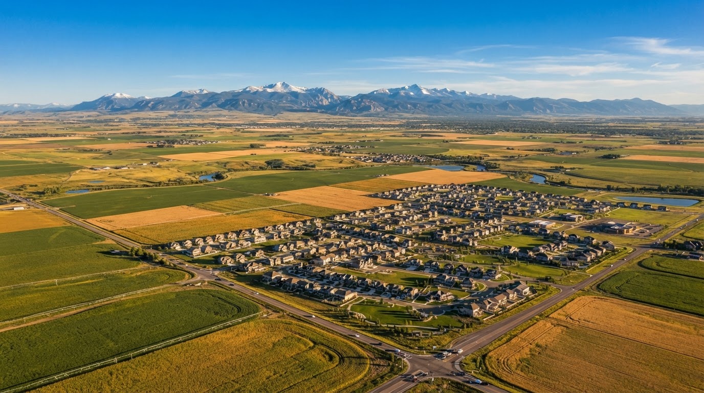 Aerial view of Weld County Colorado farmland and residential neighborhoods with the Rocky Mountains on the horizon