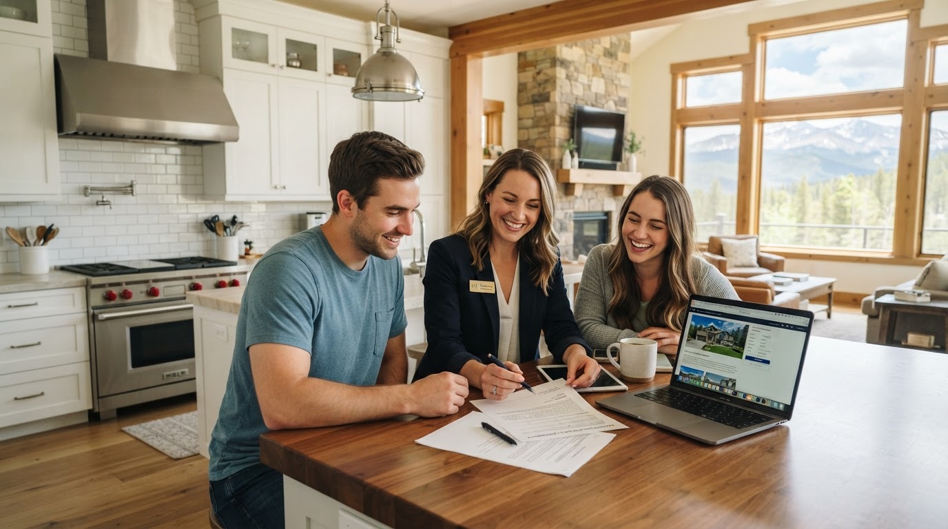 A friendly real estate agent and clients reviewing paperwork and a laptop at a kitchen counter in a bright Colorado home