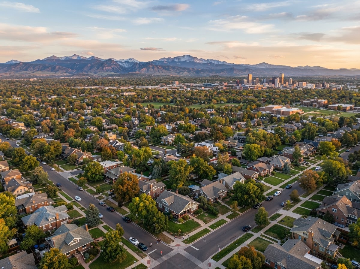 Aerial view of Denver residential neighborhoods with tree-lined streets and the Rocky Mountains in the background