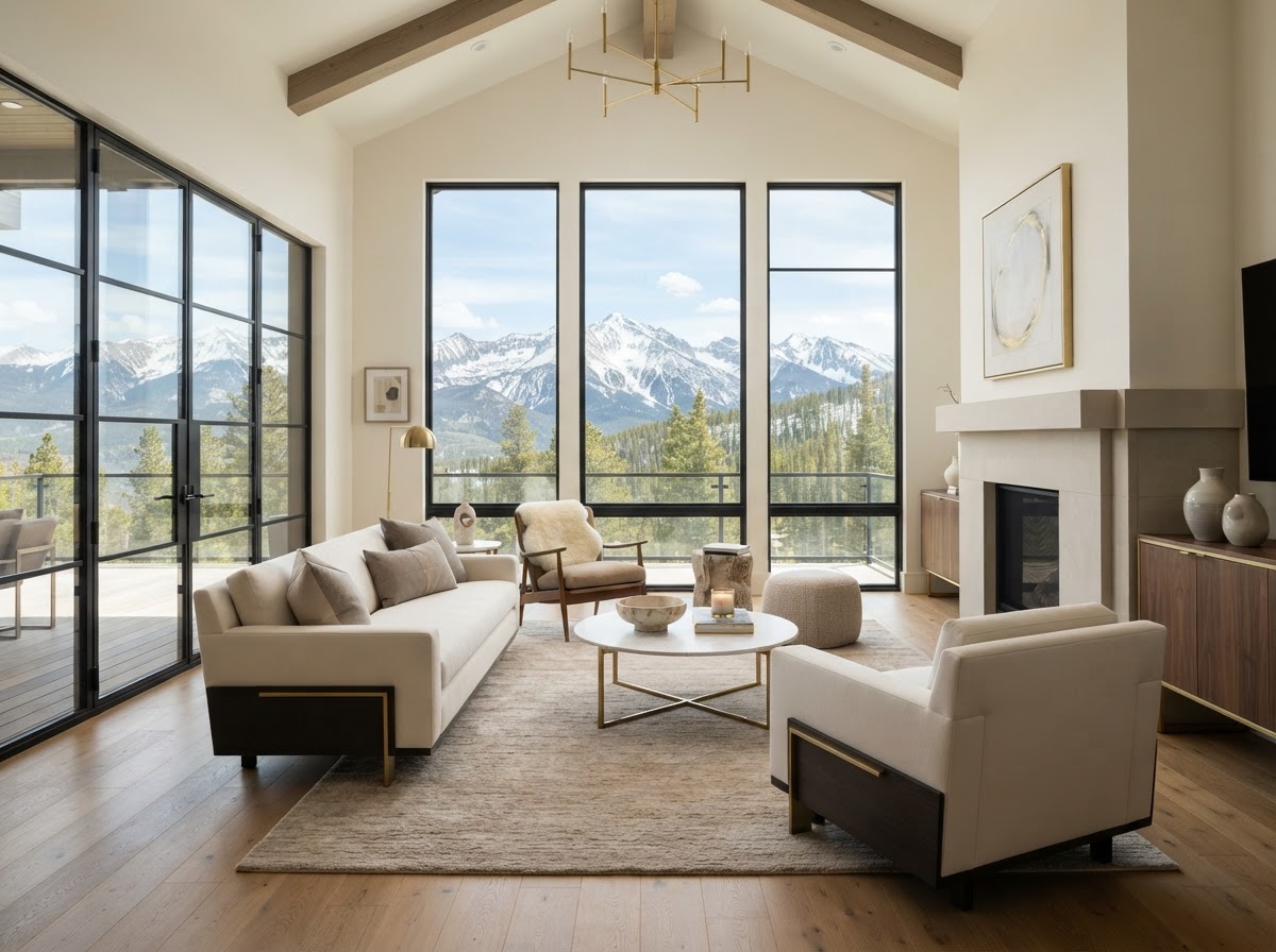 A beautifully staged Colorado living room with neutral tones, gold accents, and large windows with natural light