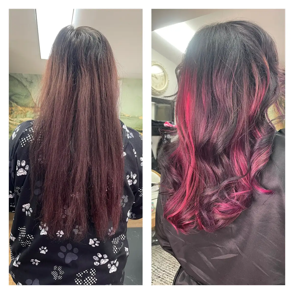 Before and after dimensional blonde balayage custom color by Jessica Young — flat brassy blonde to hand-painted honey and caramel highlights, full head visible