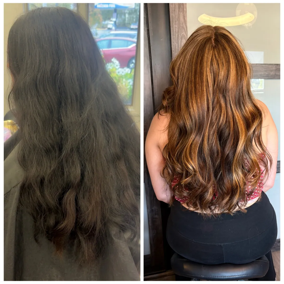 Before and after custom color transformation by Jessica Young — dull dark frizzy hair to rich warm dimensional brown balayage with shine, full head visible