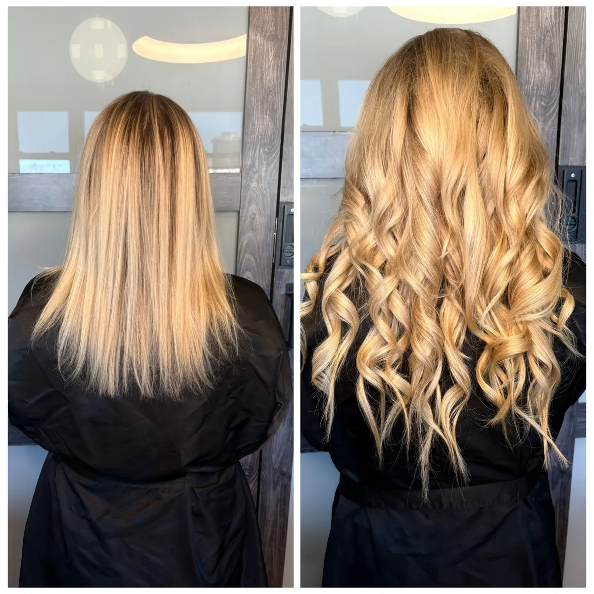 Before and after blonde hair extensions by Jessica Young — straight flat blonde hair transformed into voluminous cascading curls, full head visible