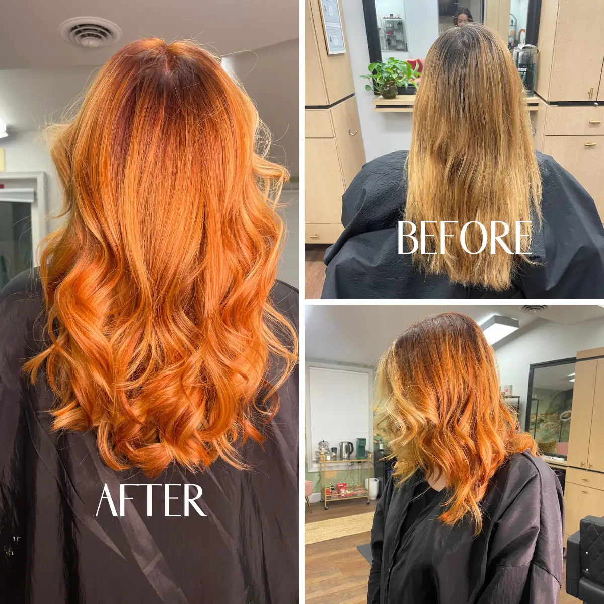 Before and after copper orange balayage vivid color transformation by Jessica Young — brassy blonde to vibrant dimensional copper waves, full head visible