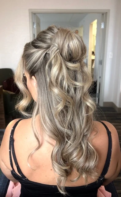 Half-up blonde curls special occasion hair by Jessica Young — twisted crown with cascading waves for events, full head visible