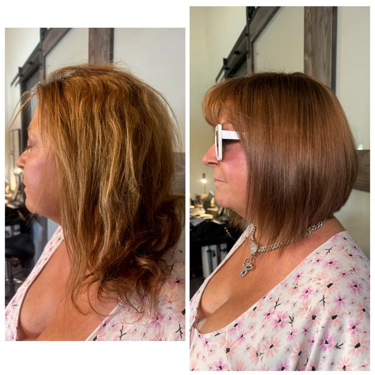 Before and after cut and color transformation by Jessica Young — frizzy auburn mid-length hair to sleek polished bob with gloss finish, full head visible