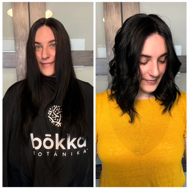 Signature cut and style by Jessica Young — flat straight black hair transformed into dimensional dark waves with movement, full head visible