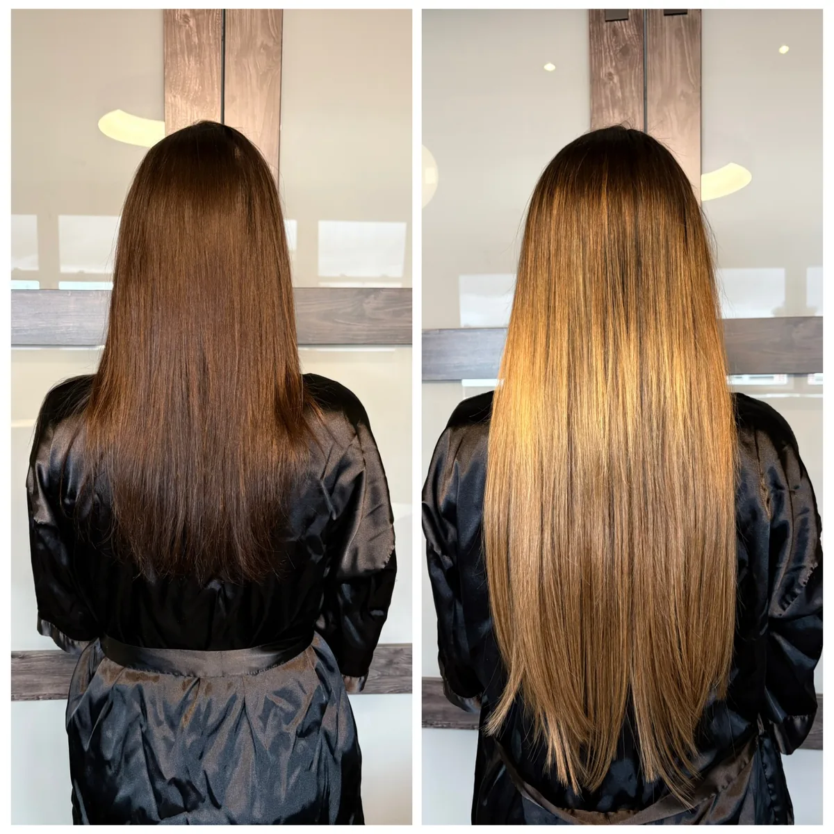 Color-matched hair extensions blend by Jessica Young — flat brunette hair to dimensional honey balayage with face-framing highlights, full head visible