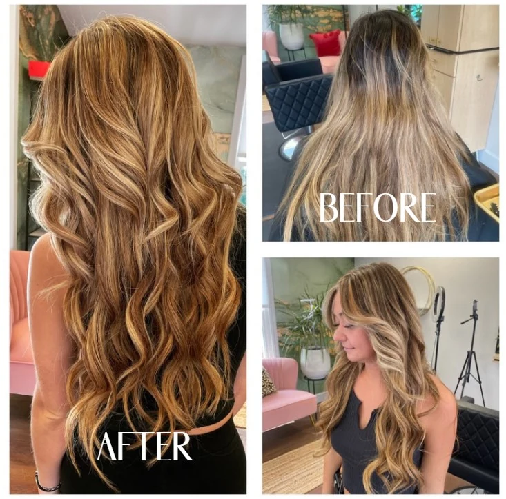 Before and after vivid pink hair color transformation by Jessica Young — dark brown hair with pink streaks to dimensional magenta and crimson waves, full head visible