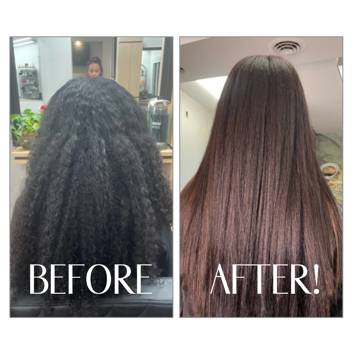 Before and after Brazilian smoothing blow-out treatment by Jessica Young — frizzy dark hair transformed into sleek smooth dimensional brunette, full head visible