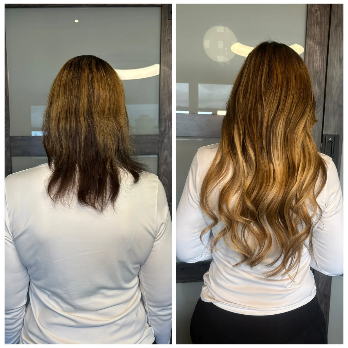 Before and after hair extensions and custom color transformation by Jessica Young — dull bronde hair to vibrant dimensional balayage with added volume and length, full head visible