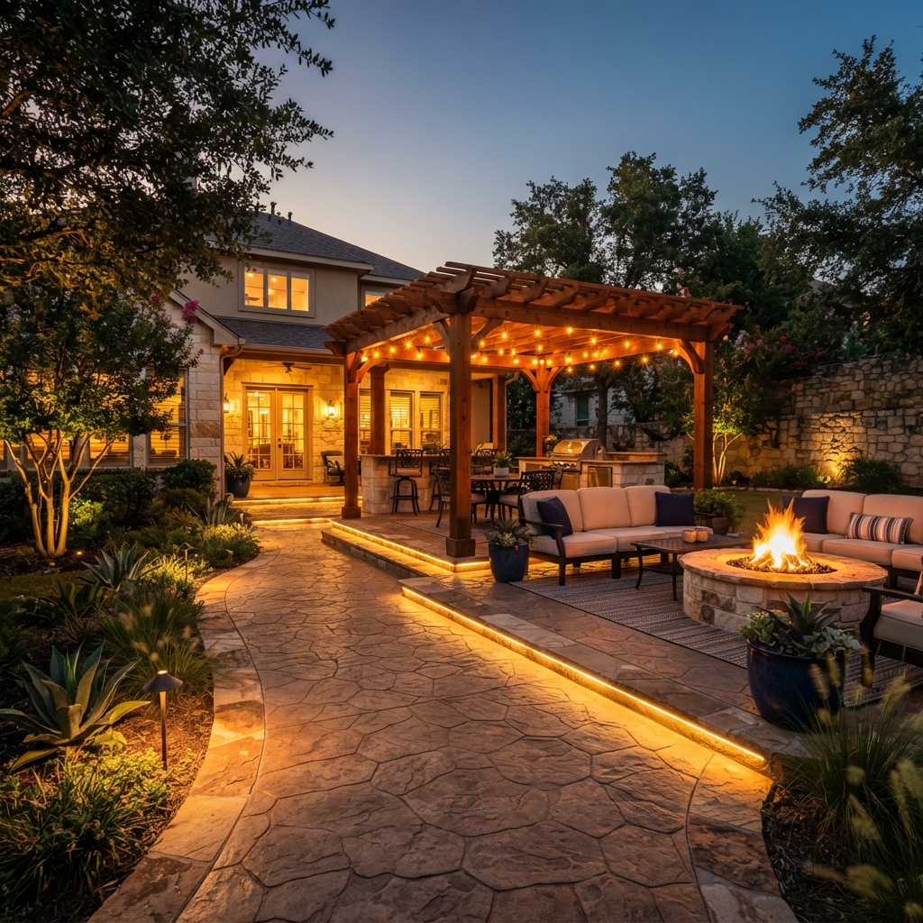 Stamped concrete patio with wooden pergola and landscape lighting