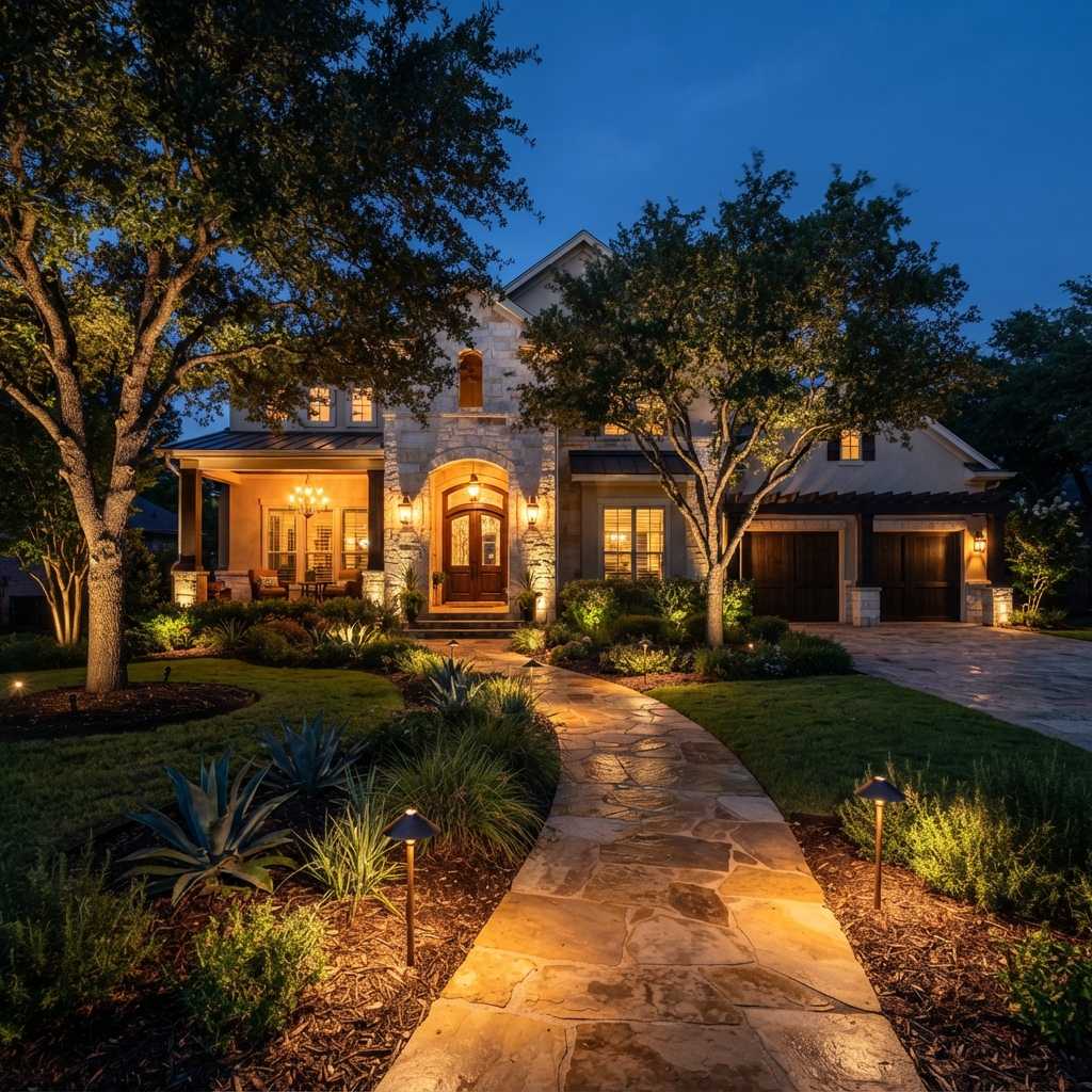 Warm landscape lighting illuminating trees and pathways at dusk