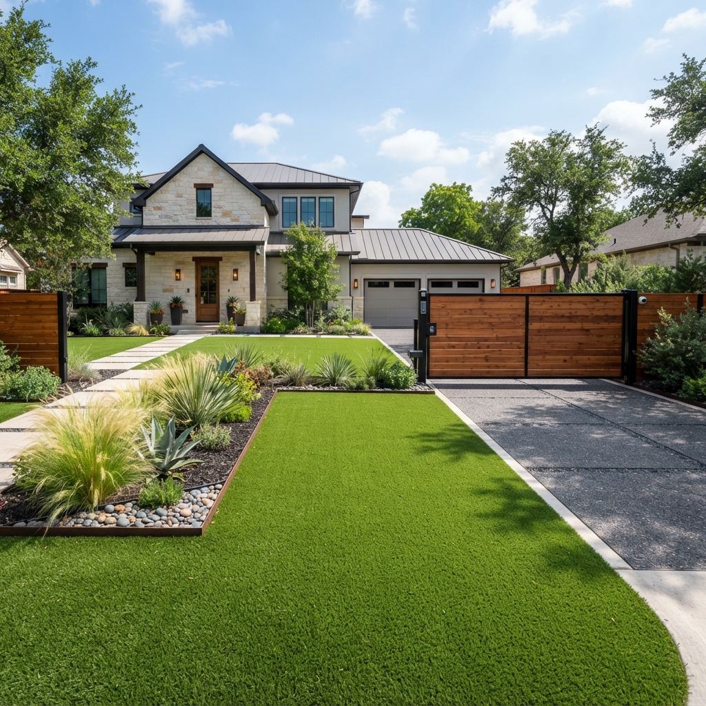 Artificial turf installation with automatic driveway gate