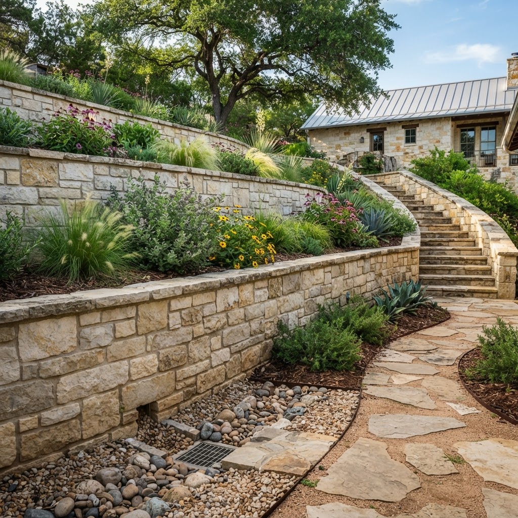 Stone retaining wall with drainage and native Texas landscaping