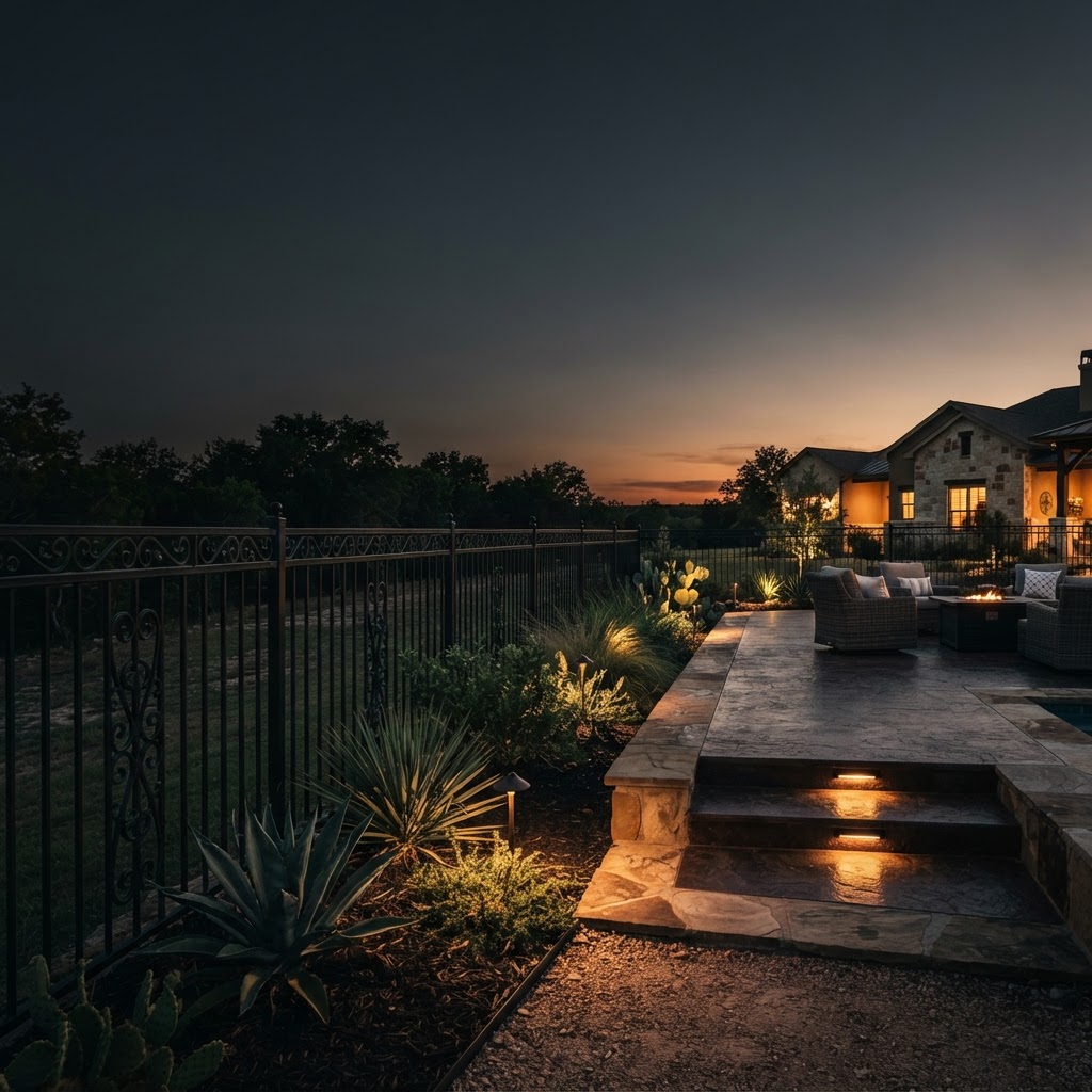 Premium Texas construction and landscaping project with wrought iron fence, stamped concrete patio, and landscape lighting at dusk