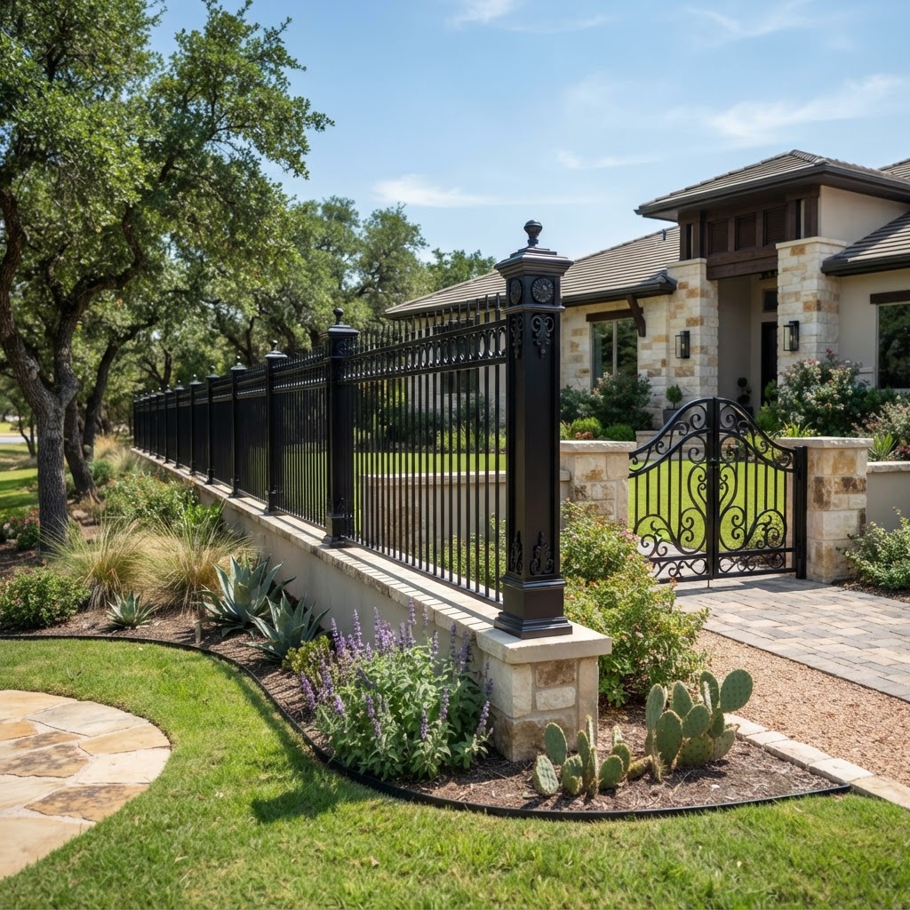 Newly installed black wrought iron fence with decorative posts