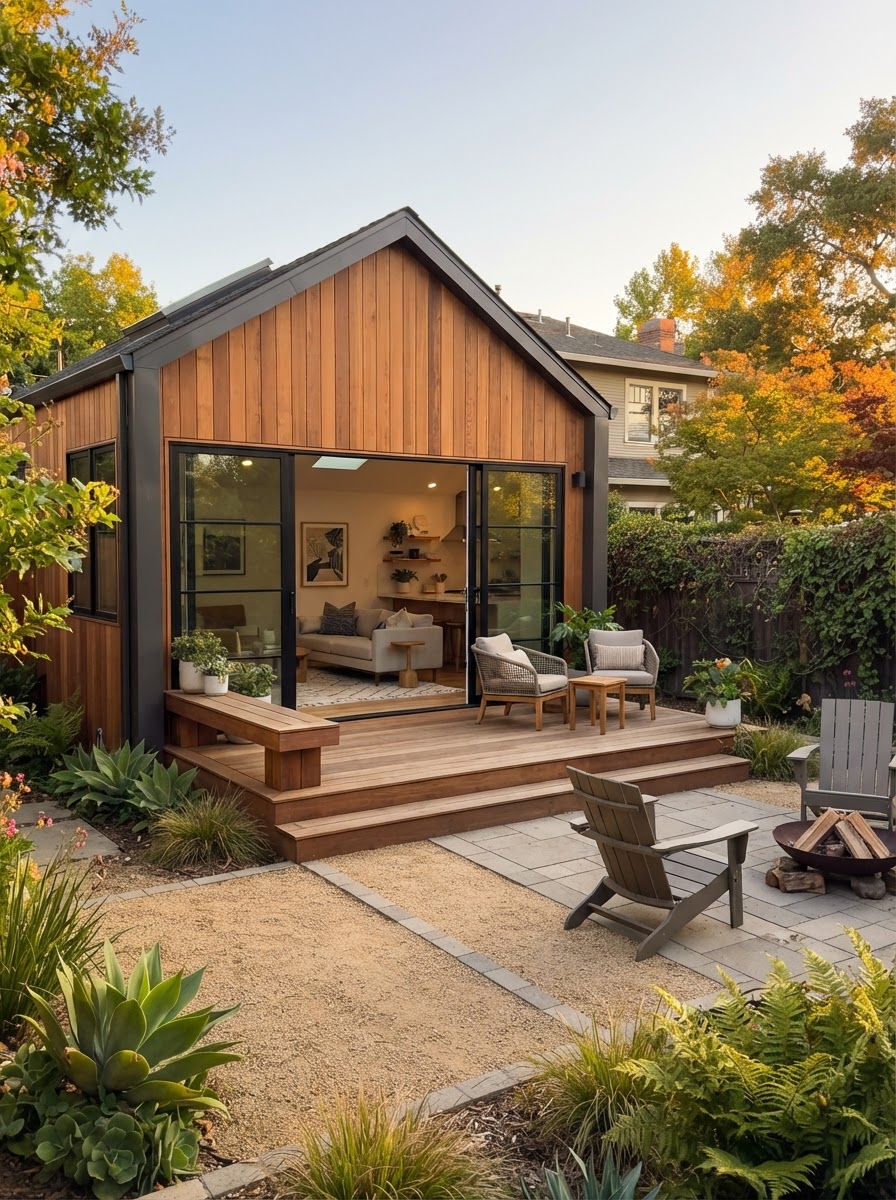 Accessory Dwelling Unit (ADU) with outdoor deck and patio connecting indoor and outdoor