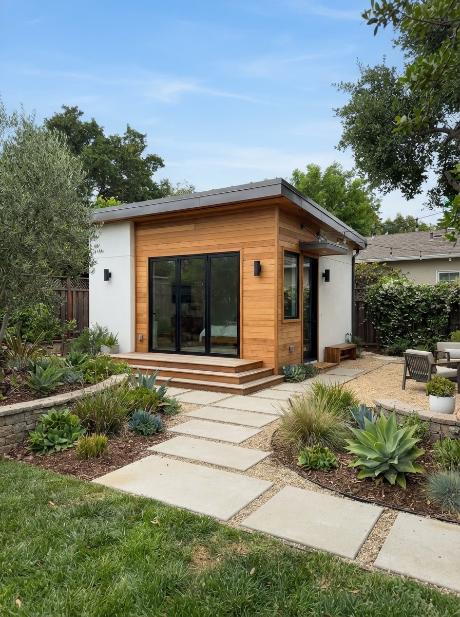 Modern Accessory Dwelling Unit (ADU) exterior with white and warm wood siding
