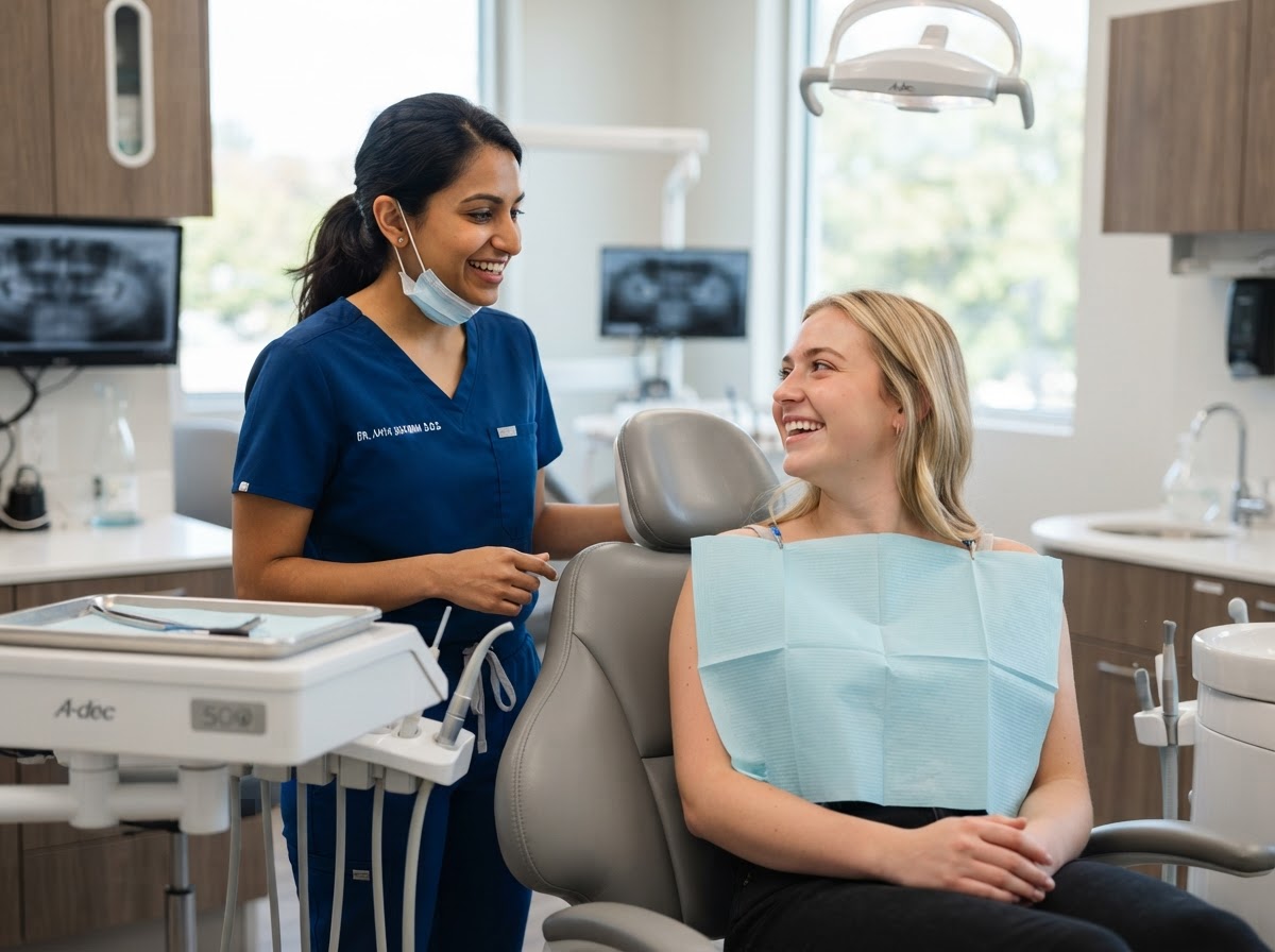 Dentist talking with patient