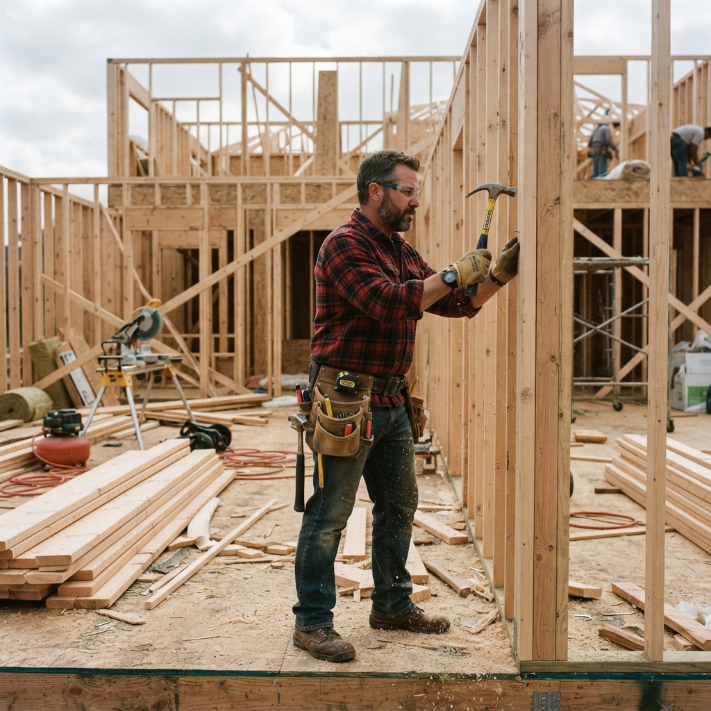 Contractor framing a wooden house at a residential job site
